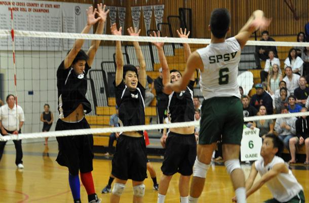 Campolindo players go up for a block in the Norcal semi-finals against Saint Patricks/St. Vincent