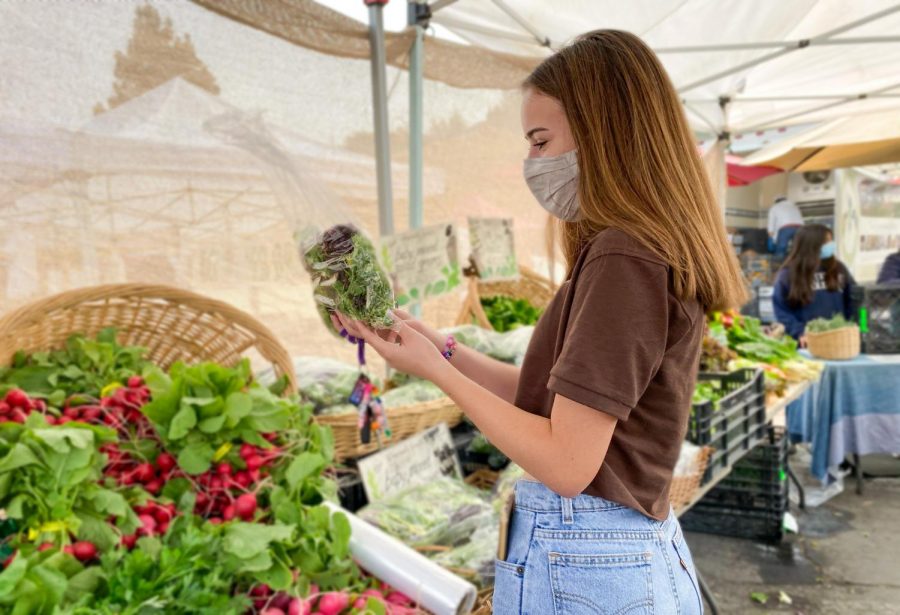 Junior Ella Erdem shops for groceries at a produce booth. COVID-19 doesnt stop her from supporting local businesses as she wears a mask to the Moraga Farmers Market.