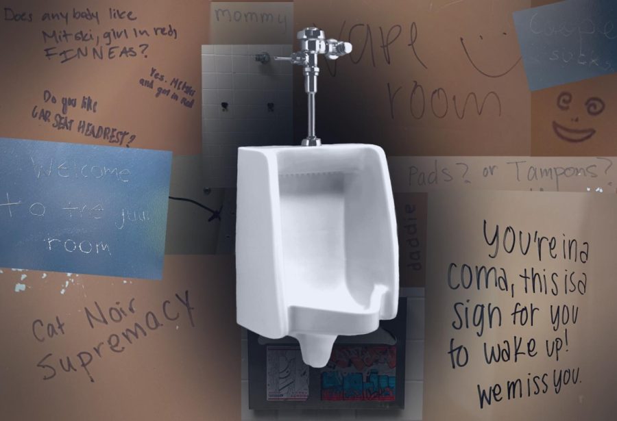 Vandalism covers the walls of the Campolindo restrooms.