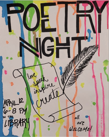 The Poetry and Creative Writing club advertises the Open Mic Night with a colorful poster.