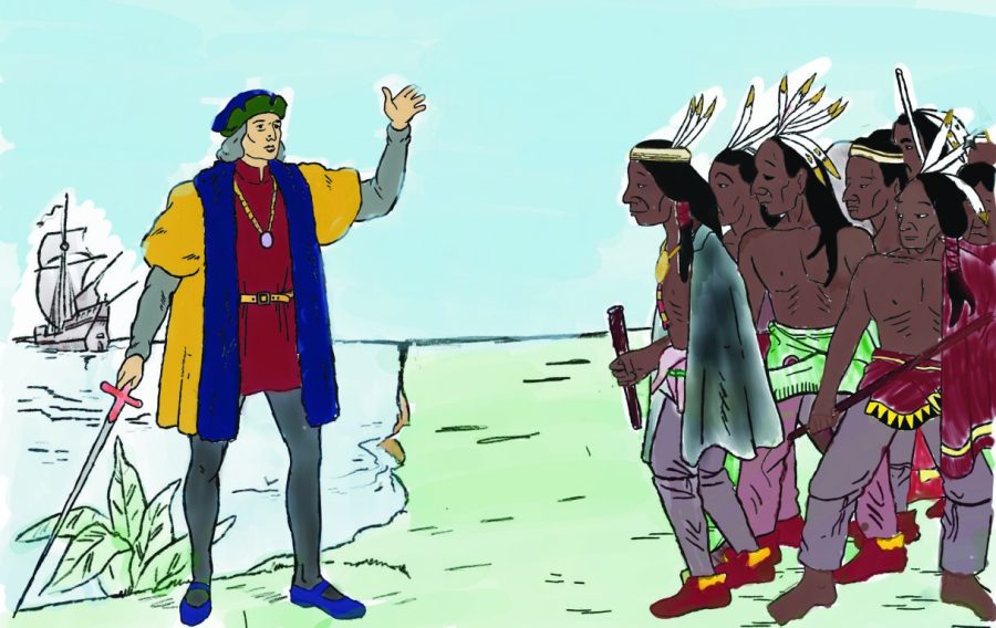 A+depiction+of+Christropher+Colombus+interacting+with++Indigenous+People.