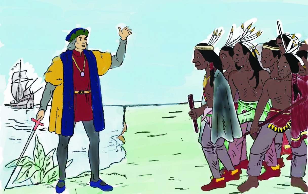 A depiction of Christropher Colombus interacting with  Indigenous People.