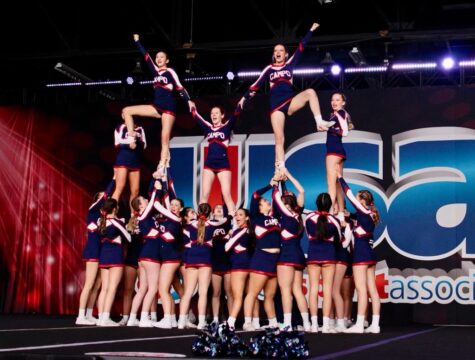 Varsity Campolindo Competitive Cheerleading team performs at national competition.