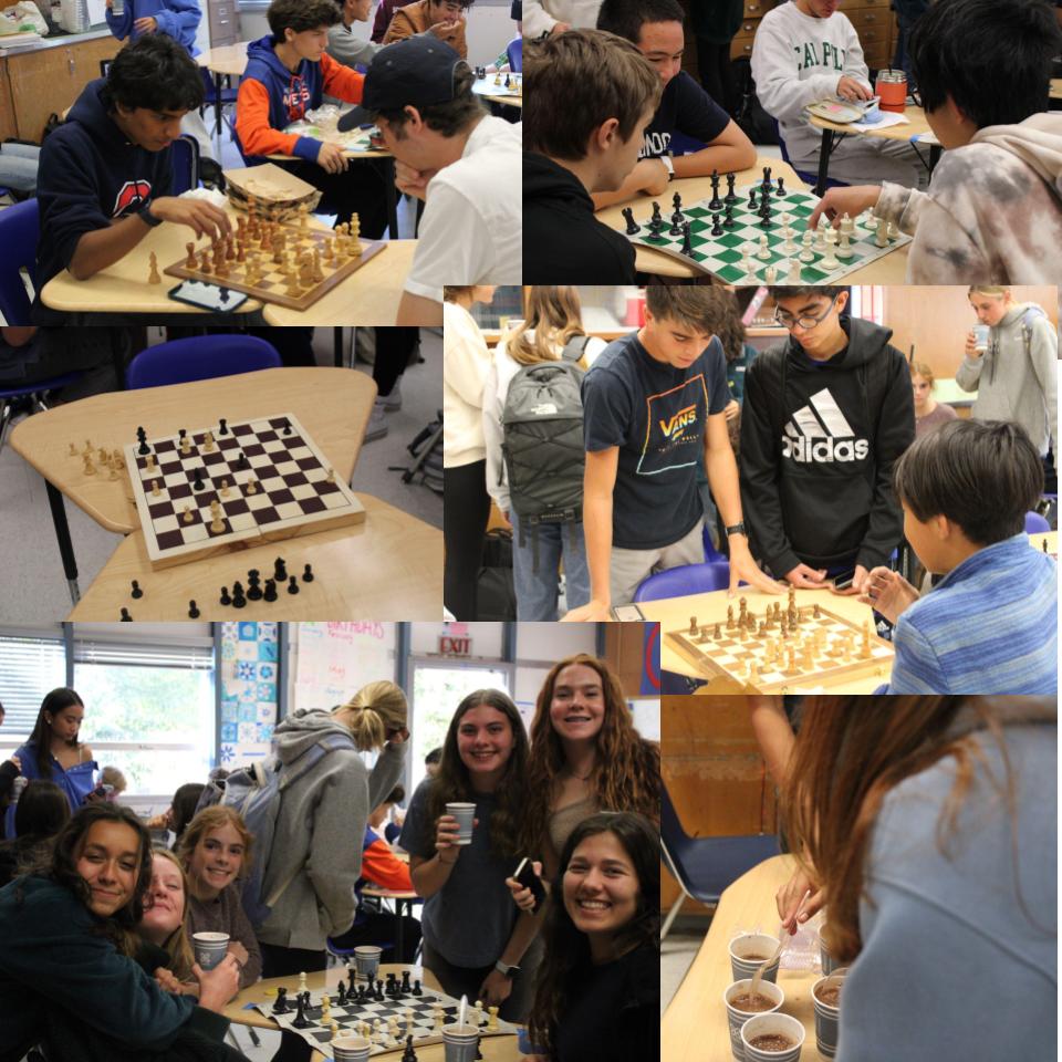 Students playing chess with friends and enjoying hot chocolate.