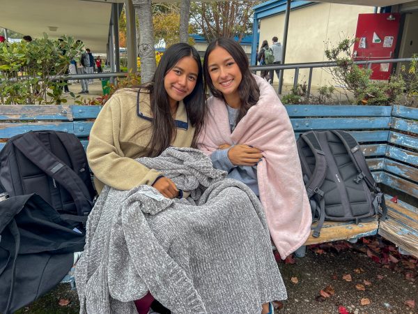 Seniors Madison Soun and Eva Canales with their blankets at brunch.